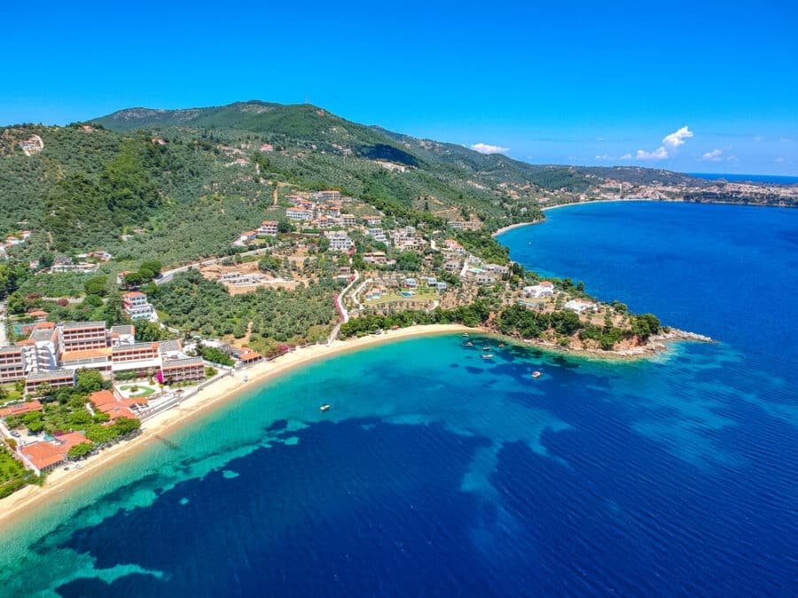 Aerial view over southern skiathos island, Greece