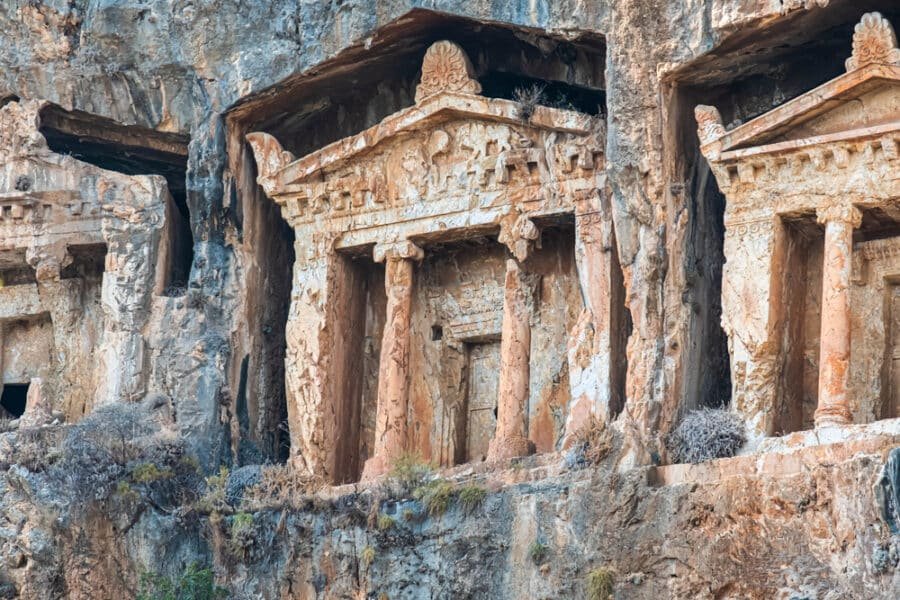 Fethiye King Tombs, Fethiye center of the 4th century BC, carved into the rock tomb. The Lycian Amintas King Tombs were built in Ionian style and carved from a single piece of rock.