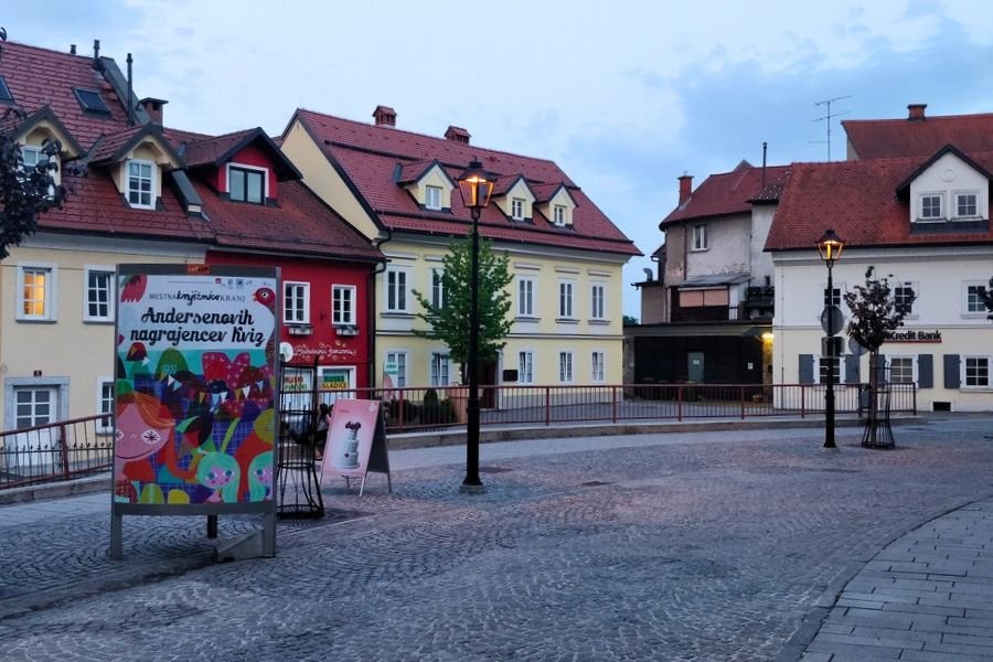 A street in a small town Kranj, Slovenia at dusk.