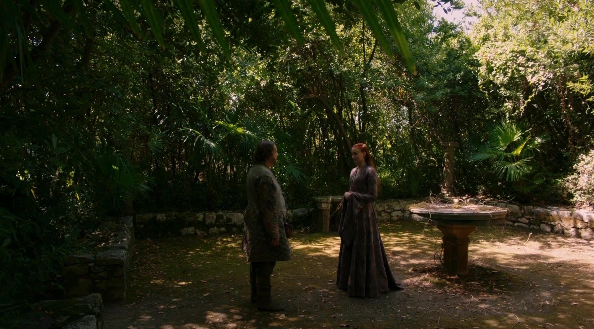 S4 E1 Ser Dontos gives Sansa a necklace in Trsteno Arboretum, Dubrovnik