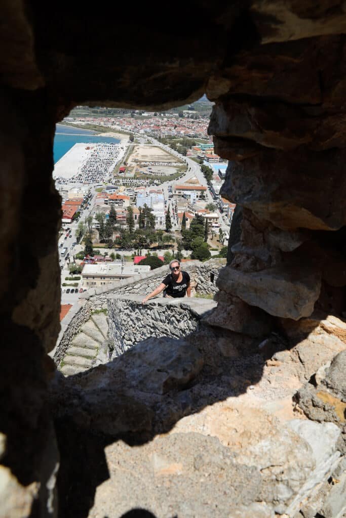 SJ climbing to top of the Fortress in Nafplio, Greece