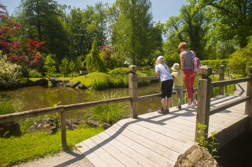 A group of people enjoying one of the exciting things to do in Slovenia - standing on a wooden bridge over a picturesque pond.