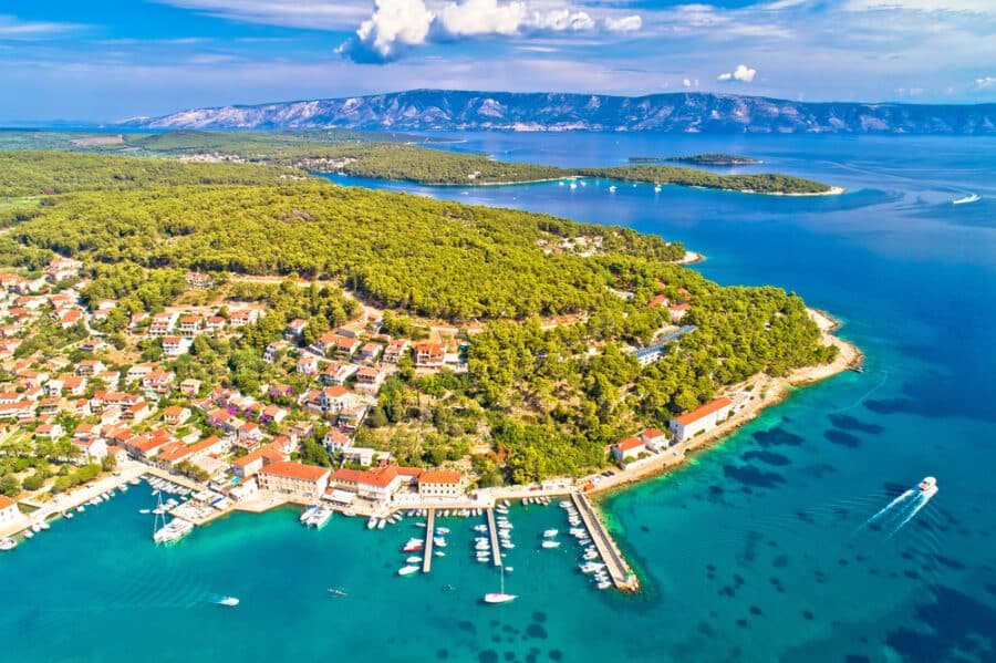 Town of Jelsa bay and waterfront aerial view, Hvar island